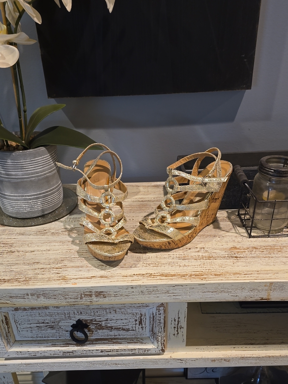 Cato Gold Metallic Strappy Cork Wedge Sandals